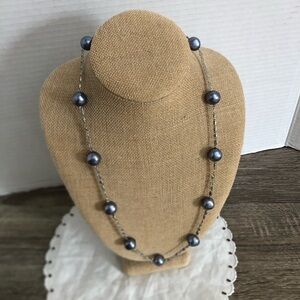 Vtg West Germany Paperclip Chain Necklace with Blue Faux Pearl Accents